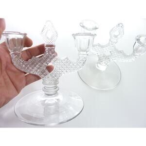 Vintage Double Light Clear Glass Candle Holder Hobnail Two Light Candelabra Pair